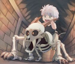 Rule 34 | 1boy, aged down, all fours, animal skeleton, arm guards, b-saku, black sclera, black shirt, brick wall, ceiling, child, colored sclera, dragon quest, dragon quest dai no daibouken, fangs, from below, green eyes, grey hair, happy, horn grab, horns, hyunkel, indoors, looking at another, male focus, open mouth, pants, riding, shirt, shoes, short hair, sleeveless, sleeveless shirt