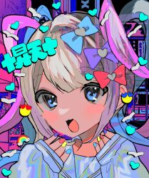 Rule 34 | 1girl, :d, absurdres, blonde hair, blue bow, blue eyes, blue hair, blue nails, blue shirt, blush, bow, chouzetsusaikawa tenshi-chan, colorful, commentary request, emoji, hair bow, hair ornament, hands up, heart, heart hair ornament, highres, long sleeves, looking at viewer, momae makku, multicolored hair, multicolored nails, nail polish, needy girl overdose, open mouth, pink bow, pink hair, pink nails, purple bow, quad tails, rainbow, sailor collar, shirt, sleeves past wrists, smile, solo, translation request, twintails, upper body, yellow nails