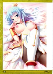 Rule 34 | 1girl, angel, angel wings, artbook, blue eyes, blue hair, blush, boots, bracer, breasts, breasts out, elizasleyn, feathers, gauntlets, halo, highres, kamidori alchemy meister, long hair, lying, matching hair/eyes, naughty face, nipples, non-web source, official art, on back, on bed, open clothes, open mouth, open shirt, panties, panties under pantyhose, pantyhose, scan, shirt, solo, thigh boots, thighhighs, underwear, vambraces, wings, yakuri