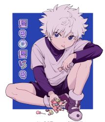 Rule 34 | 1boy, black shorts, blue background, boots, candy, child, food, highres, holding, holding candy, holding food, hunter x hunter, kashima momoki, killua zoldyck, layered sleeves, lollipop, long sleeves, looking at viewer, male focus, mouth hold, outside border, purple footwear, shirt, short hair, short over long sleeves, short sleeves, shorts, simple background, solo, white hair, white shirt