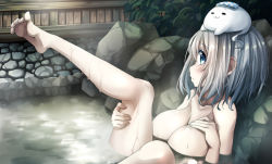 Rule 34 | 1girl, bath, bob cut, breasts, bush, cleavage, closed mouth, collarbone, commentary request, fingernails, green eyes, hair between eyes, hand on own chest, highres, hitodama, konpaku youmu, konpaku youmu (ghost), large breasts, leaf, leg up, looking at viewer, night, nude, onsen, outdoors, pegashi, plant, rock, short hair, silver hair, sitting, soles, solo, steam, toes, touhou, water, wet
