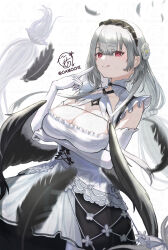 Rule 34 | + +, 1girl, arm under breasts, azur lane, black feathers, black wings, breasts, cleavage, cleavage cutout, clothing cutout, cross-shaped pupils, dress, elbow gloves, feathers, flower, frilled dress, frills, gloves, grey hair, hair flower, hair ornament, hand up, highres, large breasts, licking lips, long hair, looking at viewer, low twintails, maid, maid headdress, oamochi, pointing, pointing at self, red eyes, scylla (azur lane), signature, solo, symbol-shaped pupils, tongue, tongue out, twintails, twitter username, watermark, white dress, white gloves, wings