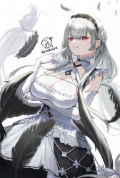 +_+ 1girl arm_under_breasts azur_lane black_feathers black_wings breasts cleavage cleavage_cutout clothing_cutout cross-shaped_pupils dress elbow_gloves feathers flower frilled_dress frills gloves grey_hair hair_flower hair_ornament hand_up highres large_breasts licking_lips long_hair looking_at_viewer low_twintails maid maid_headdress oamochi pointing pointing_at_self red_eyes scylla_(azur_lane) signature solo symbol-shaped_pupils tongue tongue_out twintails twitter_username watermark white_dress white_gloves wings