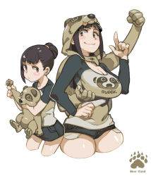 Rule 34 | 2girls, :q, ?, ??, animal hood, arm up, black hair, blunt bangs, blush stickers, breasts, cleavage, closed mouth, clothes writing, cropped legs, flat chest, groping, hair ornament, hair scrunchie, hair tie, highres, hood, index finger raised, ireading, lanmei, large breasts, looking at viewer, multiple girls, original, print shirt, raglan sleeves, scrunchie, shirt, short ponytail, short shorts, short sleeves, shorts, sidelocks, smile, stuffed animal, stuffed toy, tongue, tongue out