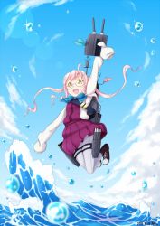Rule 34 | 10s, 1girl, :d, ahoge, arm up, blue sky, bow, bowtie, cloud, day, dress, gecotan, glasses, gun, holding, holding gun, holding weapon, jumping, kantai collection, long hair, long sleeves, looking at viewer, machinery, makigumo (kancolle), open mouth, pantyhose, pink hair, purple pantyhose, rabbit, school uniform, shirt, sky, sleeveless, sleeveless dress, sleeves past wrists, smile, solo, torpedo, twintails, water, weapon, white shirt, yellow eyes