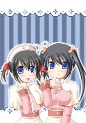 Rule 34 | 2girls, acolyte (ragnarok online), black hair, blue background, blue eyes, blush, breasts, capelet, closed mouth, commentary request, cowlick, fang, frown, furukawa lemon, hair ribbon, hat, highres, long hair, long sleeves, looking at viewer, medium breasts, multiple girls, nurse cap, open mouth, ragnarok online, red ribbon, ribbon, short hair, short twintails, skirt, small breasts, smile, striped, striped background, twintails, upper body, white capelet, white skirt