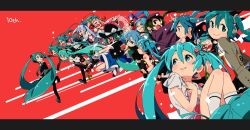 Rule 34 | 6+girls, anniversary, aqua eyes, aqua hair, aqua necktie, bare shoulders, black legwear, black skirt, black sleeves, blue hair, cherry hair ornament, closed eyes, commentary, detached sleeves, flower, food, food-themed hair ornament, ghost rule (vocaloid), green hair, grey shirt, hachune miku, hair flower, hair ornament, hat, hatsune miku, hatsune miku (append), hatsune miku (vocaloid3), hatsune miku (vocaloid4), headphones, headset, holding, holding food, holding spring onion, holding staff, holding vegetable, incoming hug, index finger raised, japanese clothes, light blue hair, long hair, looking back, magical mirai (vocaloid), magical mirai miku, magical mirai miku (2013), melt (vocaloid), multiple girls, multiple persona, necktie, odds &amp; ends (vocaloid), one eye closed, open mouth, parted lips, pink hair, red background, red ribbon, ribbon, sakura miku, satou asuka, senbon-zakura (vocaloid), shinkai shoujo (vocaloid), shirt, shoulder tattoo, skirt, sleeveless, sleeveless shirt, smile, snowflake print, socks, song request, songover, spring onion, staff, star (symbol), tattoo, tell your world (vocaloid), thighhighs, top hat, twintails, vegetable, very long hair, vocaloid, vocaloid append, walking, white shirt, wide shot, yuki miku, yuki miku (2011), zettai ryouiki