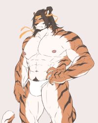Rule 34 | 1boy, abs, absurdres, arknights, bara, furry, furry male, hands on own hips, headband, highres, huai tianpei (arknights), long hair, looking at viewer, male focus, male underwear, pectorals, shensedexiao (49809635), simple background, tiger boy, topless male, underwear