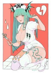 Rule 34 | 1girl, adjusting hair, alternate costume, artist name, bat wings, blunt bangs, blunt ends, boots, border, breasts, broken heart, cleavage, collarbone, commentary, demon girl, dress, eyeliner, eyeshadow, fangs, fangs out, full body, green hair, hand in own hair, hand up, hat, head wings, heart, high heel boots, high heels, highres, holding, holding own hair, jivke, large breasts, long hair, looking at viewer, makeup, morrigan aensland, nail polish, nurse, nurse cap, open clothes, outside border, puffy sleeves, red nails, short dress, short sleeves, signature, skull and crossbones, skull print, smile, solo, squatting, syringe, thick thighs, thigh boots, thighhighs, thighs, tile floor, tiles, vampire (game), white border, white dress, white footwear, white thighhighs, wings, yellow eyes, zettai ryouiki