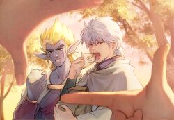 Rule 34 | 2boys, arm guards, b-saku, bag, baozi, blonde hair, blue skin, blurry, clenched teeth, colored skin, day, depth of field, dragon quest, dragon quest dai no daibouken, eating, facial mark, finger frame, food, furrowed brow, grey cloak, grey hair, holding, holding food, hyunkel, jacket, larhart, long sleeves, looking at viewer, male focus, multiple boys, open mouth, out of frame, paper bag, ponytail, pov, pov hands, purple jacket, short hair, side-by-side, slime (dragon quest), spiked hair, teeth, white hair