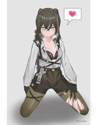Rule 34 | 1girl, 66 muika, animal ears, arknights, black bra, black gloves, black hair, black shorts, border, bra, breasts, cleavage, collared shirt, commentary, crossed bangs, female focus, frilled bra, frills, gloves, green eyes, grey background, hair between eyes, heart, high-waist shorts, highres, kneeling, lace, lace-trimmed bra, lace trim, long hair, long sleeves, looking at viewer, open clothes, open shirt, pantyhose, pantyhose under shorts, raccoon ears, robin (arknights), shadow, shirt, shorts, simple background, skindentation, solo, spoken heart, steam, thigh strap, torn clothes, torn pantyhose, twitter username, underbust, underwear, white border, white shirt