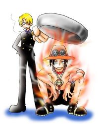 Rule 34 | 2boys, black hair, blonde hair, chef, cooking, fire, formal, frying pan, hair over one eye, hat, jewelry, male focus, multiple boys, necklace, one piece, portgas d. ace, sanji (one piece), smiley, smoking, squatting, suit