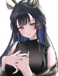 Rule 34 | 1girl, arknights, bare shoulders, black hair, black nails, brown eyes, commentary, highres, long hair, looking at viewer, nail polish, own hands together, raramente, simple background, sleeveless, sleeveless turtleneck, smile, solo, tsukinogi (arknights), turtleneck, upper body, white background