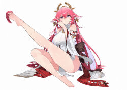 Rule 34 | 1girl, absurdres, animal ears, bare shoulders, barefoot, between toes, breasts, closed mouth, colored inner hair, condom, condom packet strip, condom wrapper, detached sleeves, earrings, feet, fox ears, full body, genshin impact, hair between eyes, heart, heart-shaped pupils, highres, japanese clothes, jewelry, large breasts, leg up, long hair, long sleeves, looking at viewer, multicolored hair, pink hair, purple eyes, shiershishisanfen, shirt, simple background, sitting, sleeveless, sleeveless shirt, smile, solo, symbol-shaped pupils, toes, very long hair, white background, white shirt, wide sleeves, yae miko