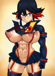 Rule 34 | 1girl, blue eyes, breasts, clothes, elbow gloves, female focus, gloves, gradient background, highres, huge nipples, kill la kill, large breasts, matoi ryuuko, multicolored hair, nipples, partially undressed, serious, short hair, solo, ttrop