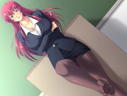 Rule 34 | 1girl, blue eyes, blush, breasts, chalkboard, classroom, cleavage, feet, large breasts, leg up, long hair, no shoes, panties, pantyhose, pantyshot, parted lips, pov, red hair, school, soles, teacher, toes, underwear