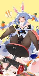 Rule 34 | !, 1girl, animal ear fluff, animal ears, bare shoulders, black leotard, blue hair, blush, braid, breasts, buttons, can, carrot hair ornament, chair, chips (food), commentary request, controller, drink can, food, food-themed hair ornament, fur collar, fur trim, gloves, hair ornament, highres, hololive, ishihara (kuniyoshi), joystick, leotard, long hair, multicolored hair, office chair, open mouth, orange eyes, pantyhose, pom pom (clothes), potato chips, puffy short sleeves, puffy sleeves, shoes, short sleeves, simple background, small breasts, soda, soda can, speech bubble, spread legs, strapless, strapless leotard, swivel chair, teeth, thigh strap, twintails, two-tone hair, upper teeth only, usada pekora, usada pekora (1st costume), virtual youtuber, white hair