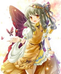 Rule 34 | 1girl, akinomiya asuka, brown ribbon, bug, butterfly, butterfly wings, choker, commentary request, cowboy shot, dress, green hair, hair ornament, hair ribbon, hand up, highres, hollow song of birds, insect, insect wings, long hair, nebet tefet, open mouth, orange dress, puffy short sleeves, puffy sleeves, ribbon, short sleeves, smile, touhou, wings, yellow dress, yellow eyes