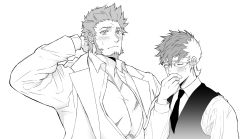 Rule 34 | 2boys, alternate costume, alternate hairstyle, beard, blush, facial hair, fate/grand order, fate (series), formal, glasses, greyscale, large pectorals, long sideburns, long sleeves, male focus, monochrome, multicolored hair, multiple boys, muscular, n (nemo), napoleon bonaparte (fate), official alternate costume, open clothes, pectorals, scar, sideburns, sigurd (fate), spiked hair, suit, upper body