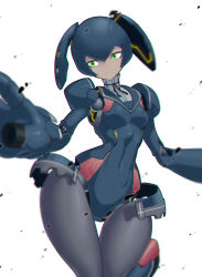 Rule 34 | 10s, 1girl, android, arm cannon, breasts, choker, chromatic aberration, contrapposto, cowboy shot, dark-skinned female, dark skin, green eyes, gunslinger stratos, highres, humanoid robot, joints, pantyhose, ribbon choker, robot, robot ears, robot joints, sailor collar, small breasts, solo, spacezin, thigh gap, u03be988, weapon, white background, wide hips, xi-988, xi988