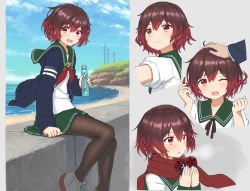 Rule 34 | 1boy, 1girl, black pantyhose, bottle, brown hair, crescent, crescent pin, gradient hair, green sailor collar, green skirt, hand on another&#039;s head, hayashi naoharu, highres, holding, holding bottle, kantai collection, long sleeves, miniskirt, multicolored hair, mutsuki (kancolle), mutsuki kai ni (kancolle), neckerchief, one eye closed, pantyhose, pleated skirt, ramune, red eyes, red hair, red neckerchief, red scarf, sailor collar, scarf, school uniform, serafuku, short hair, short sleeves, sitting, skirt, smile