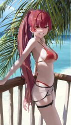 Rule 34 | 1girl, absurdres, balcony, bikini, blush, breasts, heterochromia, highres, hololive, houshou marine, houshou marine (summer), jewelry, large breasts, leaf, logknn, long hair, looking at viewer, o-ring, o-ring thigh strap, ocean, ponytail, red bikini, red eyes, red hair, short shorts, shorts, smile, solo, swimsuit, thigh strap, virtual youtuber, yellow eyes
