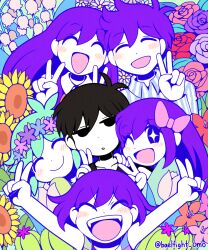 Rule 34 | + +, 2girls, 4boys, aubrey (headspace) (omori), aubrey (omori), basil (headspace) (omori), basil (omori), black eyes, black hair, blue shirt, blush, bow, cactus, closed eyes, closed mouth, collarbone, colored skin, double v, expressionless, facing viewer, fangs, flower, green hair, head wreath, hero (headspace) (omori), hero (omori), highres, kel (headspace) (omori), kel (omori), lily of the valley, long hair, looking at viewer, mari (headspace) (omori), mari (omori), miya (baelfight), multiple boys, multiple girls, neckerchief, omori, omori (omori), one eye closed, pink bow, purple hair, red neckerchief, rose, shirt, short hair, short sleeves, smile, sunflower, tank top, teeth, tulip, twitter username, upper teeth only, v, white skin