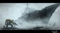 Rule 34 | boat, bottoms1237, damaged, fog, from behind, gun, highres, holding, holding gun, holding weapon, letterboxed, looking up, mecha, no humans, ocean, one-hour drawing challenge, original, raft, robot, scenery, science fiction, water, watercraft, weapon
