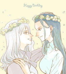 Rule 34 | 2girls, blue eyes, blueeblin, coat, collared shirt, commentary, hand on another&#039;s shoulder, happy birthday, head wreath, long hair, looking at another, mother and daughter, multiple girls, nico olvia, nico robin, one piece, profile, purple coat, shirt, sidelocks, simple background, smile, upper body, white hair, white shirt