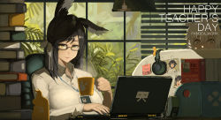 Rule 34 | 2girls, absurdres, alternate costume, atago (azur lane), azur lane, black-framed eyewear, black hair, window blinds, book, book stack, bow, breasts, chair, chinese commentary, closed mouth, collared shirt, computer, cup, ear down, glasses, grey hair, hair bow, headphones, headphones removed, highres, holding, holding cup, indoors, laptop, large breasts, long sleeves, looking at viewer, maya (azur lane), medium hair, mug, multiple girls, name tag, pandea work, photo (object), popped collar, shirt, sitting, smile, solo focus, steam, white bow, white shirt, window, wing collar, yellow eyes
