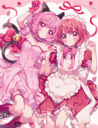 Rule 34 | 2girls, absurdres, animal ears, apron, bell, black tail, boots, bow, bowtie, cat ears, cat girl, cat tail, copyright name, detached sleeves, dress, dual persona, feet out of frame, highres, kotocurtain, light smile, lying, maid apron, maid headdress, mew ichigo, momomiya ichigo, multiple girls, on floor, pink bow, pink bowtie, pink dress, pink eyes, pink hair, pout, puffy detached sleeves, puffy short sleeves, puffy sleeves, red dress, red eyes, red footwear, red hair, short hair, short sleeves, tail, tail bell, tail ornament, thigh strap, tokyo mew mew, white apron