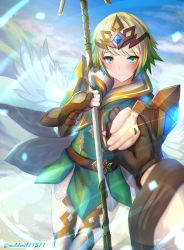 Rule 34 | 1girl, armor, bad id, bad pixiv id, blonde hair, blue skirt, blush, brown gloves, clear glass (mildmild1311), closed mouth, cloud, commentary request, day, dress, feather trim, fire emblem, fire emblem heroes, fjorm (fire emblem), gauntlets, gloves, gradient hair, green dress, green eyes, green hair, hair ornament, highres, holding, holding hands, holding polearm, holding spear, holding weapon, jewelry, kiran (fire emblem), looking at viewer, multicolored hair, nintendo, ornate ring, outdoors, polearm, pov, ring, short hair, shoulder armor, skirt, sky, smile, spear, thighhighs, tiara, twitter username, two-tone hair, weapon, wedding ring, white sleeves, wide sleeves