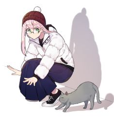 Rule 34 | 1girl, beanie, black footwear, black shirt, blue skirt, braid, cat, dot mouth, down jacket, full body, glasses, green eyes, grey cat, hair between eyes, hat, highres, hood, hooded jacket, jacket, long hair, long skirt, looking at animal, mo surii, original, outstretched arms, pink hair, pom pom (clothes), red hat, semi-rimless eyewear, shadow, shirt, shoes, sideways glance, skirt, sneakers, solo, squatting, stretching, white background, white jacket