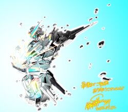 Rule 34 | aqua background, aqua eyes, commentary request, damaged, dated, disintegration, from side, gradient background, gundam, gundam calibarn, gundam suisei no majo, mecha, mobile suit, no humans, robot, science fiction, signature, solo, spoilers, translation request, upper body, v-fin, zzz sakaz