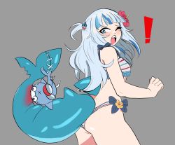 Rule 34 | 1girl, animal, ass, bare shoulders, bikini, biting, bloop (gawr gura), blue eyes, blue hair, blush, exclamation mark, female focus, fins, fish tail, flower, flower on head, from side, gawr gura, grey background, grey hair, hair ornament, highres, hololive, hololive english, long hair, looking back, multicolored hair, one eye closed, open mouth, peagade, ribbon, shark, shark fin, shark girl, shark tail, simple background, solo, surprised, swimsuit, tagme, tail, teeth, thick thighs, thighs, virtual youtuber