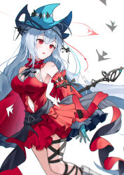 Rule 34 | 1girl, arknights, breasts, clothing cutout, commentary, detached sleeves, dress, feet out of frame, gloves, green gloves, green hat, grey hair, hat, holding, holding staff, large breasts, long hair, long sleeves, looking to the side, navel cutout, parted lips, red dress, red eyes, red sleeves, shan (ti0n), simple background, skadi (arknights), skadi the corrupting heart (arknights), solo, staff, thigh strap, white background