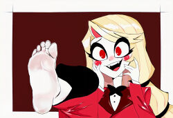 Rule 34 | 1girl, absurdres, barefoot, blonde hair, charlie morningstar, feet, hand on own cheek, hand on own face, hazbin hotel, highres, long hair, open mouth, red eyes, soles, ticklelove1, toes