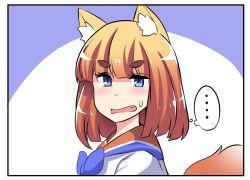 Rule 34 | 1girl, 4koma, animal ears, blonde hair, blue eyes, blush, comic, eyes visible through hair, fang, fox ears, fox tail, gradient hair, highres, hinghoi, looking at viewer, medium hair, mozilla firefox, multicolored hair, open mouth, orange hair, os-tan, personification, sailor collar, solo, sweatdrop, tail, thought bubble, upper body