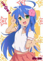 Rule 34 | 1girl, :3, :d, ahoge, blue hair, blush, character name, collarbone, commentary request, copyright name, cowboy shot, detached collar, floating hair, flower, green eyes, hair flower, hair ornament, hand up, happy, highres, huge ahoge, izumi konata, long hair, looking at viewer, lucky star, mole, mole under eye, open mouth, outstretched hand, pink flower, pink skirt, pleated skirt, raiz art works, shirt, short sleeves, sidelocks, simple background, skirt, smile, solo, star (symbol), straight hair, two-tone background, v, very long hair, white background, white shirt, yellow background