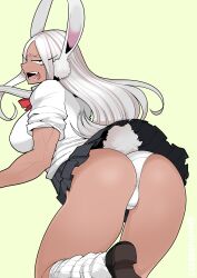 Rule 34 | 1girl, absurdres, animal ears, asha, ass, ass focus, black footwear, black skirt, boku no hero academia, bow, bowtie, breasts, commentary request, dark-skinned female, dark skin, foot out of frame, from behind, highres, large breasts, long hair, looking at viewer, looking back, loose socks, miniskirt, mirko, open mouth, panties, pleated skirt, rabbit ears, rabbit girl, rabbit tail, red bow, red bowtie, red eyes, shirt, shoes, simple background, skirt, sleeves rolled up, socks, solo, tail, thick thighs, thighs, underwear, wedgie, white hair, white panties, white shirt, white socks