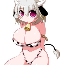 Rule 34 | 1girl, animal ears, animal print, bell, breasts, cleavage, cow ears, cow girl, cow print, cow tail, cowbell, earrings, grey hair, horns, huge breasts, jewelry, khmix, purple eyes, simple background, smile, solo, tail
