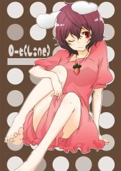 Rule 34 | 1girl, animal ears, arm support, bad id, bad pixiv id, bare legs, barefoot, breasts, carrot, feet, female focus, foreshortening, highres, inaba tewi, jewelry, ko-&gt;u, one eye closed, pendant, purple hair, rabbit ears, red eyes, sitting, solo, toes, touhou, wink