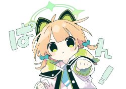 Rule 34 | 1girl, ahoge, animal ear headphones, animal ears, blonde hair, blue archive, blue necktie, bow, closed mouth, collared shirt, fake animal ears, green bow, green eyes, green halo, hair bow, halo, headphones, jacket, long sleeves, midori (blue archive), naguru (cyoroama), necktie, shirt, short hair, simple background, solo, two-sided fabric, two-sided jacket, upper body, white background, white shirt