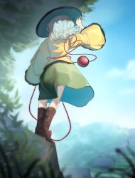 Rule 34 | 1girl, blouse, blurry, blurry background, blurry foreground, boots, brown footwear, commentary request, dutch angle, frogsnake, from behind, full body, green skirt, hat, holding, holding clothes, holding hat, house, knee boots, komeiji koishi, mountain, nature, outdoors, shirt, skirt, solo, standing, third eye, touhou, white hair, wide sleeves, wind, yellow shirt