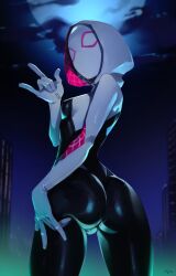 Rule 34 | 1girl, \m/, ass, ass lift, ass support, bodysuit, breasts, from behind, hand on own ass, highres, hood, hooded bodysuit, looking at viewer, looking back, marvel, mask, night, optionaltypo, outdoors, shiny clothes, skin tight, small breasts, solo, spider-gwen, spider-man (series), spider web print, standing, superhero costume