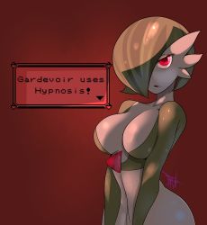 Rule 34 | 1girl, artist name, bob cut, breasts, character name, collarbone, colored skin, creatures (company), english text, female focus, game freak, gardevoir, gen 3 pokemon, green hair, green skin, hair over one eye, half-closed eyes, highres, jpeg artifacts, large breasts, looking at viewer, multicolored skin, nintendo, one eye covered, open mouth, phreneticus, pokemon, pokemon (creature), red background, red eyes, shiny skin, short hair, signature, simple background, solo, standing, two-tone skin, upper body, white skin