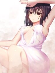 Rule 34 | 1girl, alternate costume, armpits, black eyes, black hair, breasts, closed mouth, commentary request, expressionless, hair between eyes, highres, kuonji alice, looking at viewer, mahou tsukai no yoru, medium breasts, naked towel, short hair, simple background, sitting, solo, steam, toomishou, towel, towel around breasts, white background