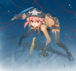 Rule 34 | 10s, 1girl, ass, belt, boots, butt crack, dagger, fighting stance, gloves, hat, holster, jakuzure nonon, kill la kill, knife, life fiber, miyo (13th floor), nude, nudist beach uniform, pink eyes, pink hair, planted, reverse grip, shoulder holster, skull print, solo, spoilers, string, string of fate, thigh boots, thighhighs, utility belt, weapon