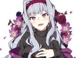 Rule 34 | 1girl, black sweater, blush, earrings, floral background, flower, hairband, hand on own chest, idolmaster, idolmaster (classic), jewelry, long hair, open mouth, petals, purple eyes, shijou takane, silver hair, solo, sweater, usaki tonio