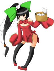 Rule 34 | 1girl, aged down, arc system works, bamboo steamer, baozi, bare shoulders, black hair, black thighhighs, blazblue, blazblue: calamity trigger, blush, bow, breasts, china dress, chinese clothes, cleavage, dress, dumpling, food, hair bow, hair ornament, highres, lao jiu, large bow, litchi faye ling, long hair, open mouth, panda, ponytail, red eyes, ribbon, shoes, solo, thighhighs, very long hair